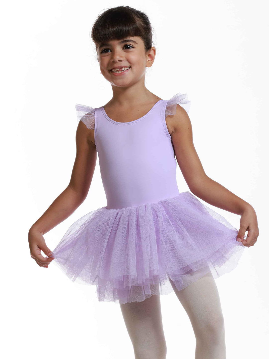 Robe tutu à manches volantes en tulle pour filles, jupe volumineuse à plusieurs couches, détail en forme de cœur au dos, idéale pour les cours et spectacles de danse classique, couleur lilac