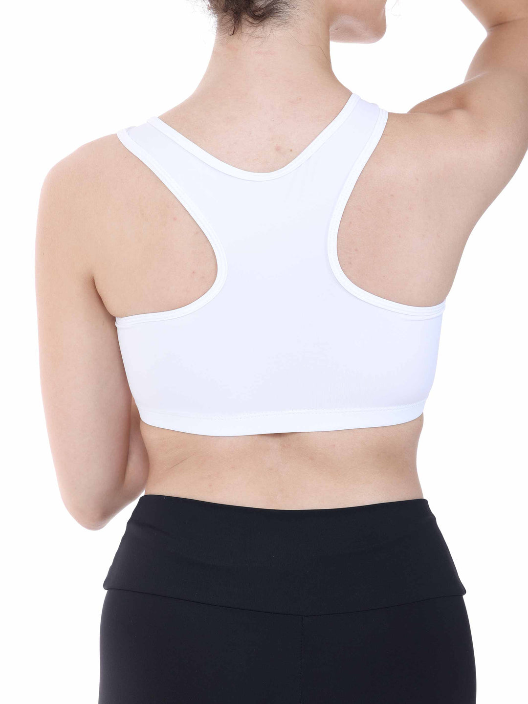 Brassière blanche avec découpe dos nageur – haut stretch idéal pour entraînements de danse.