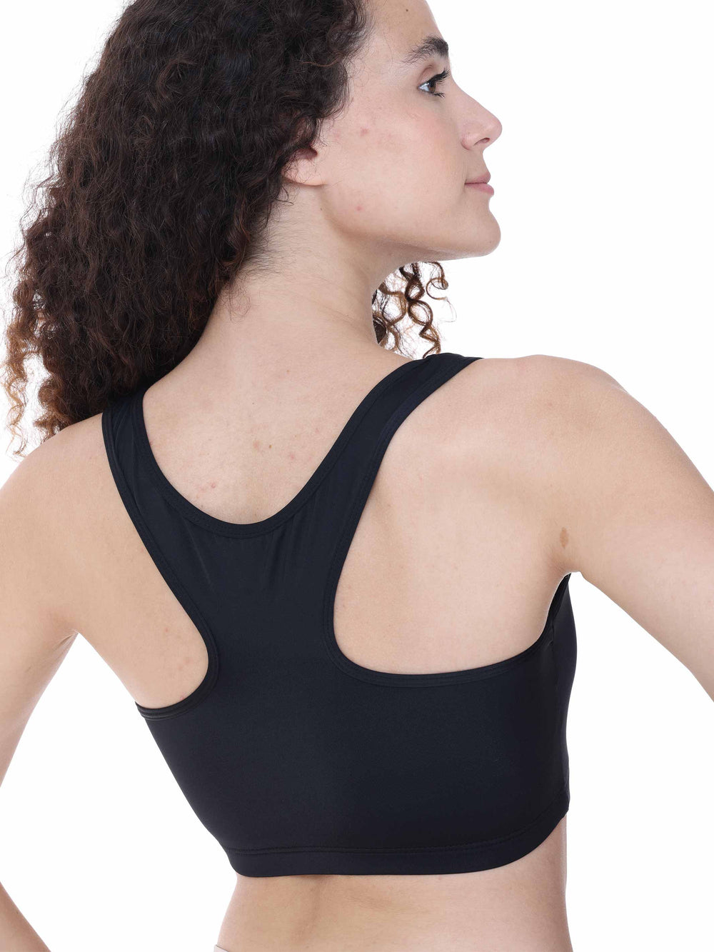 Vue arrière du top noir à dos nageur – brassière de danse respirante et maintien souple.