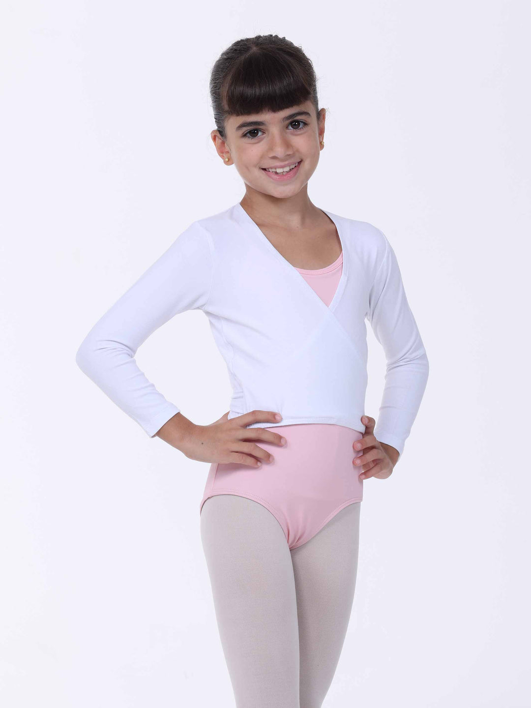 Cache-cœur de danse classique blanc pour fille – manches longues, coupe croisée élégante.