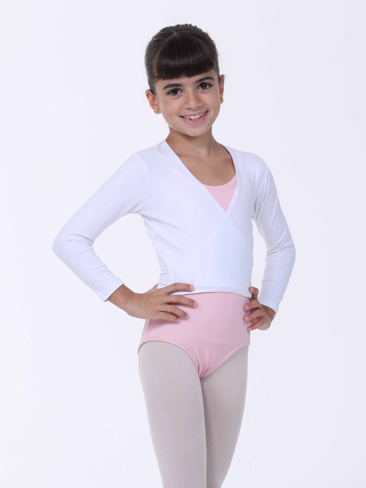 Cache-cœur de danse classique blanc pour fille – manches longues, coupe croisée élégante.