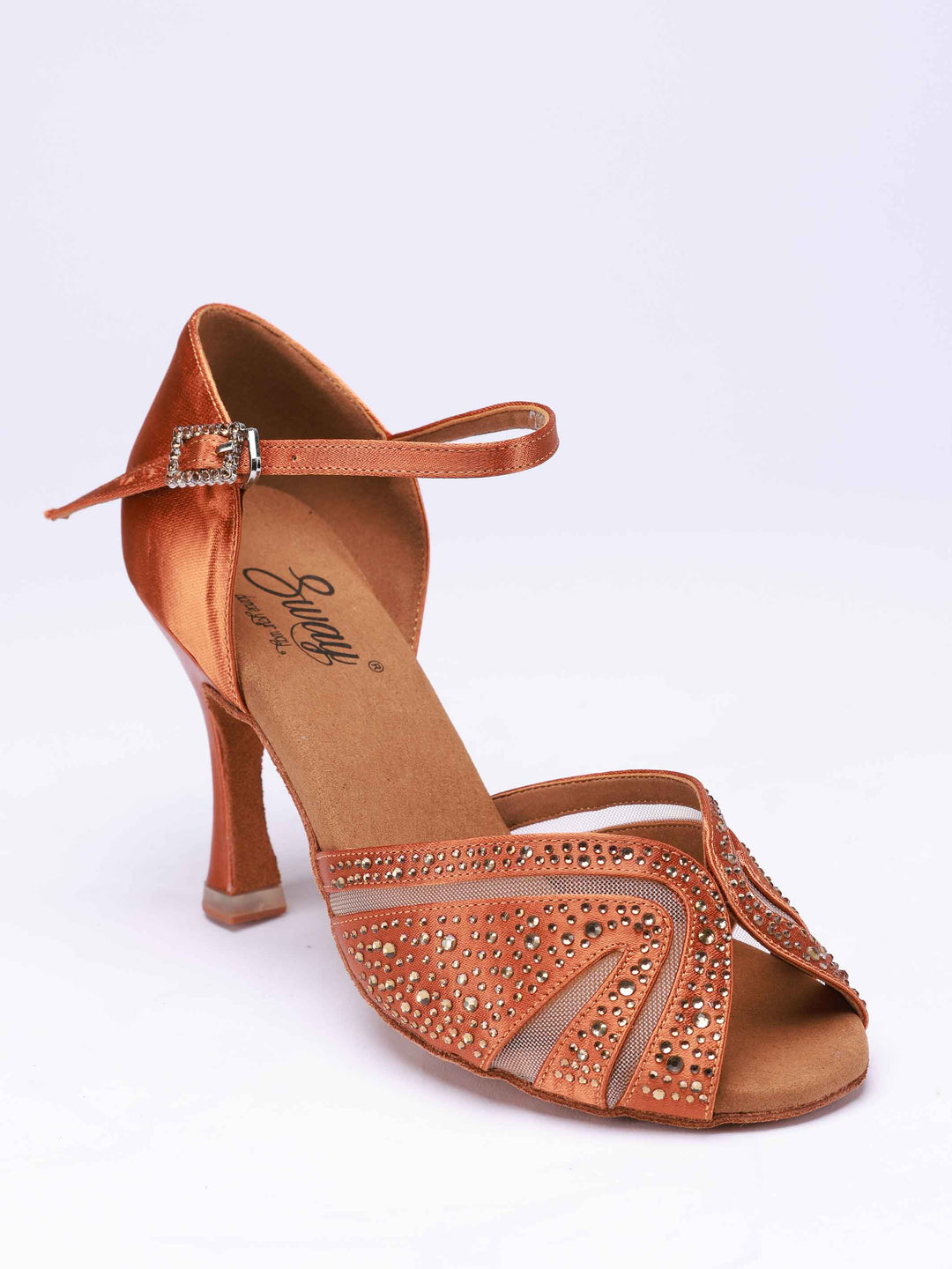 Chaussures de danse latine pour femme, modèle Anna avec strass, couleur tannée, avec maille transparente à l'avant ornée de strass pour un style raffiné. Dotées d'une sangle unique autour de la cheville pour un ajustement optimal et d'une semelle intérieure rembourrée pour un confort prolongé. Talons rétro de 8,5 cm pour allier élégance et performance sur la piste de danse - vue de haut