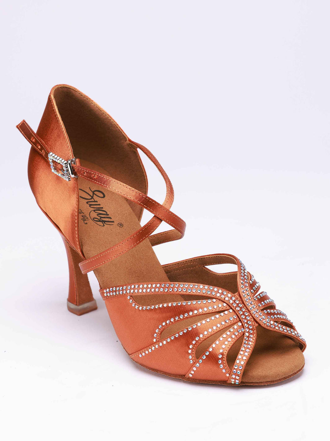 Chaussures de danse latine pour femme, modèle April, couleur tannée, avec côtés fermés pour un meilleur maintien. Leur design orné de strass assortis apporte une touche sophistiquée, tandis que la boucle métallique réglable garantit un ajustement sécurisé. Équipées d'un talon rétro de 8,5 cm, ces chaussures allient élégance et performance pour les danseuses de latine - vue de haut
