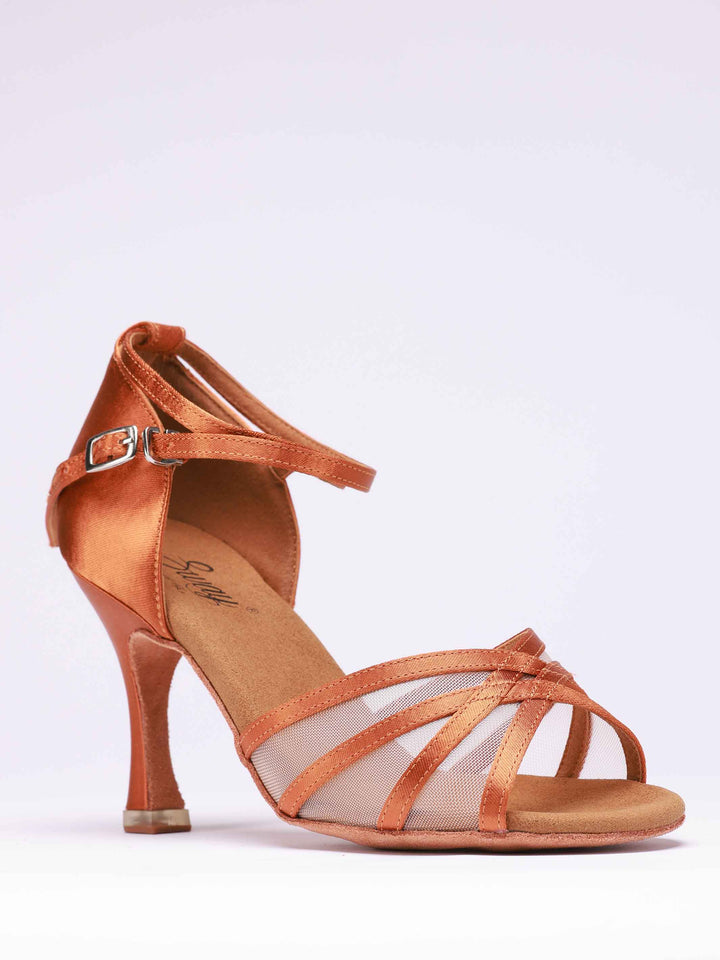 Chaussures de danse latine pour femme, modèle Emma, design à 4 brides avec détails en mesh transparent à l'avant, talon rétro de 8,5 cm, couleur tannée