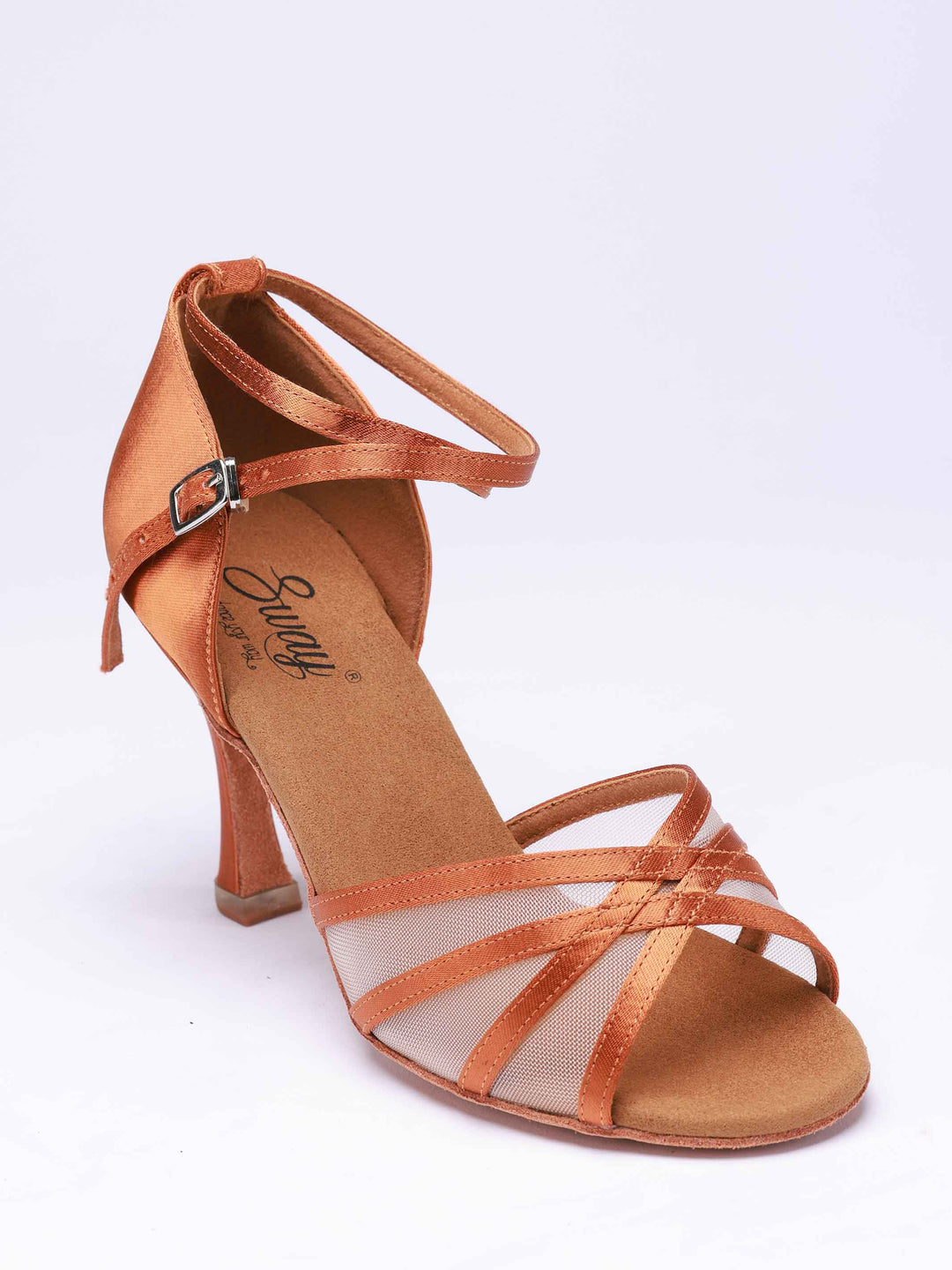 Chaussures de danse latine pour femme, modèle Emma, design à 4 brides avec détails en mesh transparent à l'avant, talon rétro de 8,5 cm, couleur tannée - vue de haut