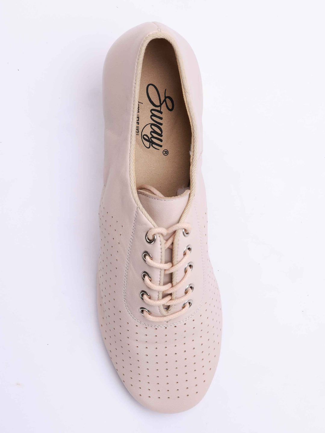 Chaussures de danse latine pour danseuses professionnelles, modèle Inna, particulièrement adaptées aux enseignantes, talon plat de 4,5 cm, laçage frontal, couleur nue rosé - vue de haut