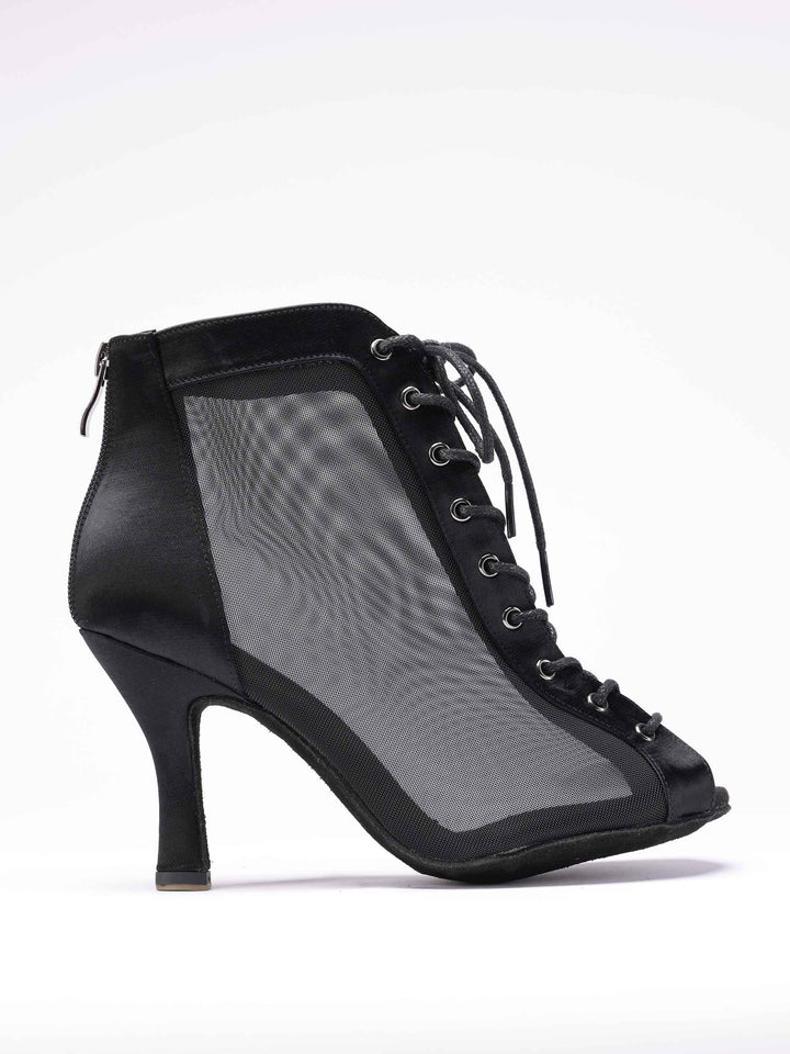 Chaussures de danse latine pour femme, modèle Luciana, panneaux latéraux en mesh respirant, laçage à l'avant et fermeture éclair à l'arrière, couleur noir - vue de côté