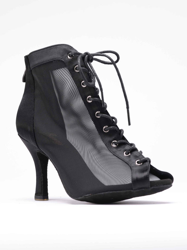 Chaussures de danse latine pour femme, modèle Luciana, panneaux latéraux en mesh respirant, laçage à l'avant et fermeture éclair à l'arrière, couleur noir