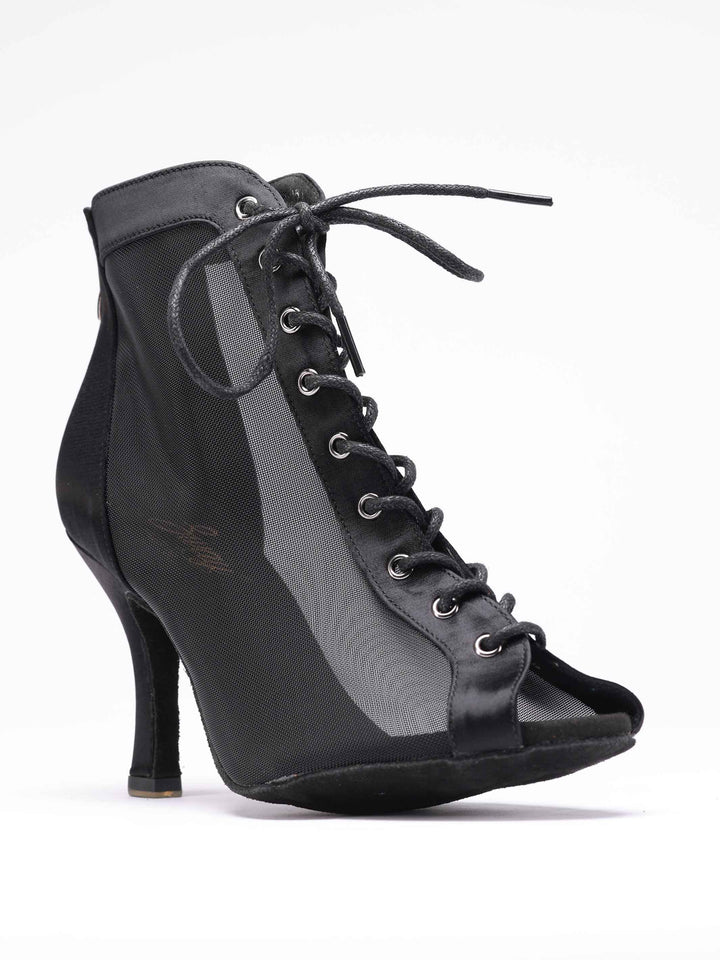 Chaussures de danse latine pour femme, modèle Luciana, panneaux latéraux en mesh respirant, laçage à l'avant et fermeture éclair à l'arrière, couleur noir