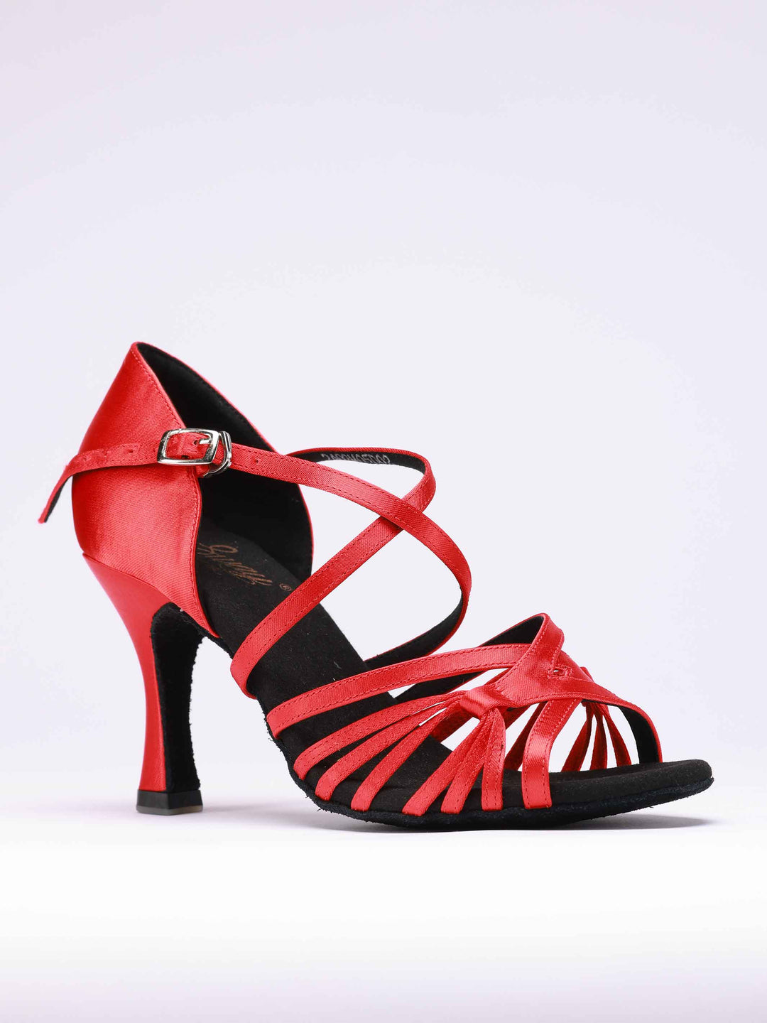 Chaussures de danse latine pour femme, modèle Lula, finition en satin rouge, boucle en métal, 2 larges lanières et 6 fines lanières latérales