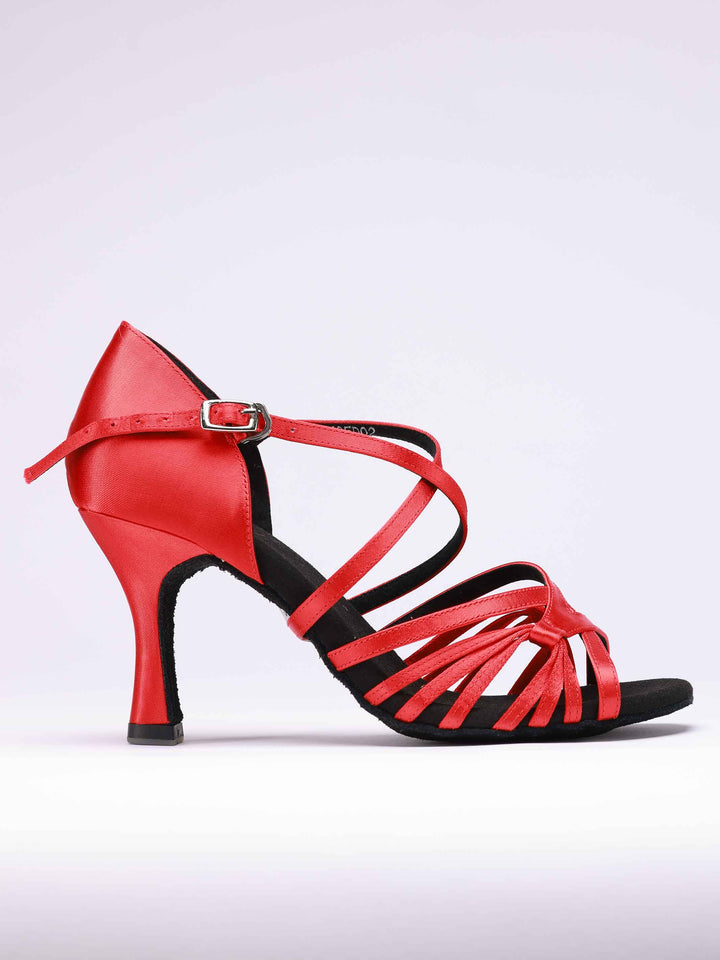 Chaussures de danse latine pour femme, modèle Lula, finition en satin rouge, boucle en métal, 2 larges lanières et 6 fines lanières latérales - vue de côté