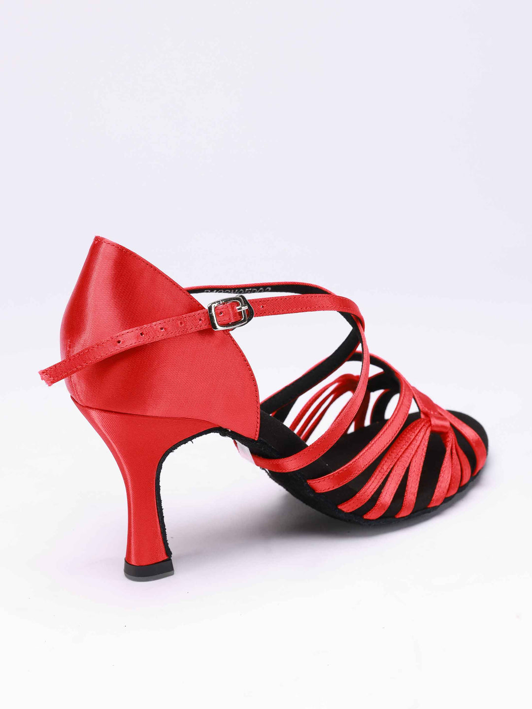 Chaussures de danse latine pour femme, modèle Lula, finition en satin rouge, boucle en métal, 2 larges lanières et 6 fines lanières latérales - vue arrière