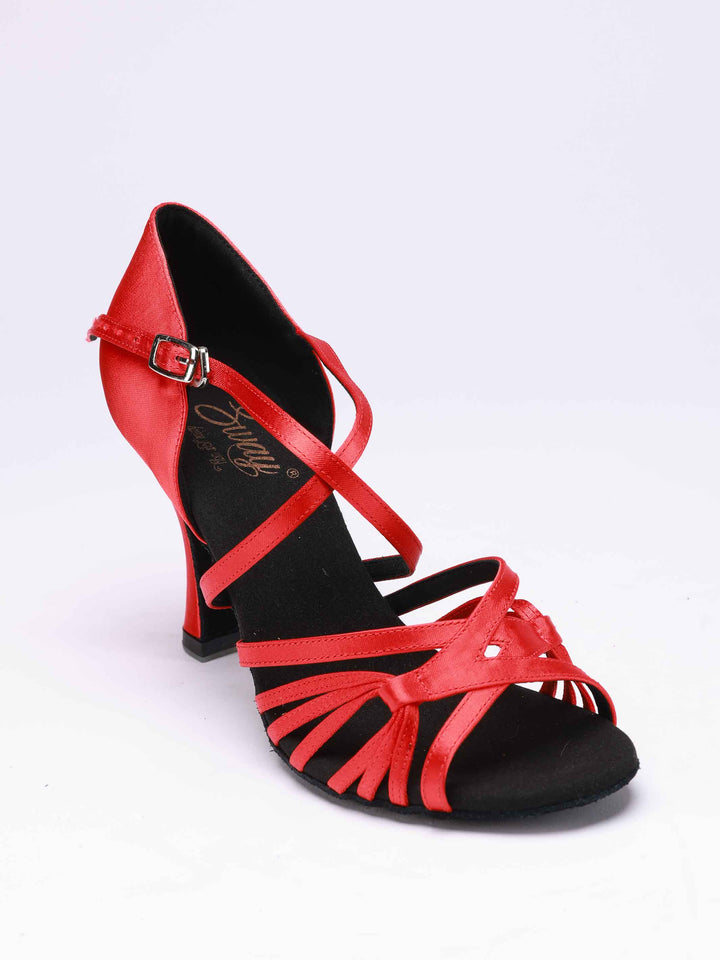 Chaussures de danse latine pour femme, modèle Lula, finition en satin rouge, boucle en métal, 2 larges lanières et 6 fines lanières latérales - vue de haut