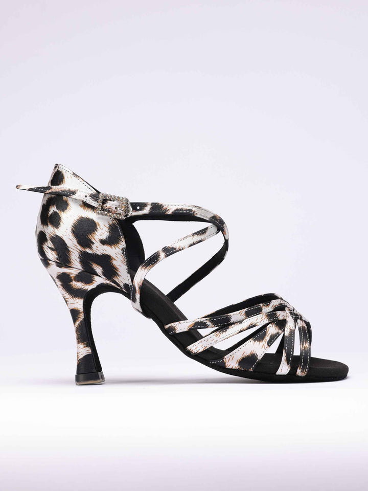 Chaussures de danse latine pour femme, modèle Penelope, avec 5 lanières à l'avant et motif léopard - vue de côté