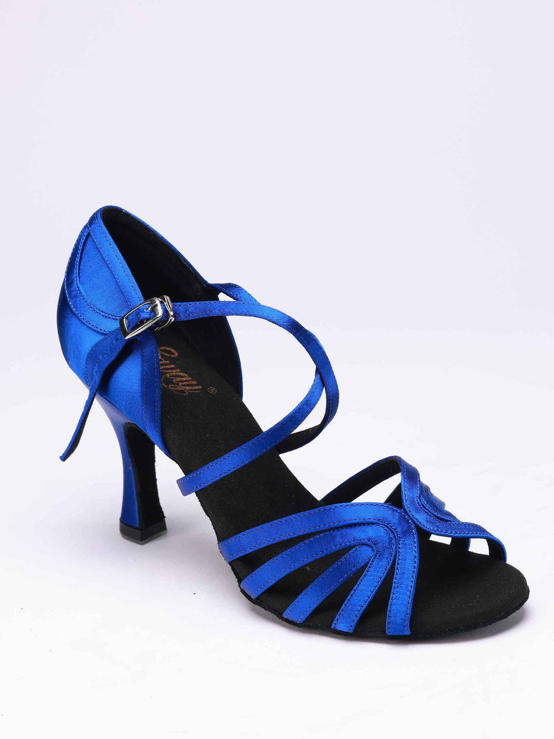 Chaussures de danse latine pour femmes, modèle Rodayna, 5 brides sur le devant et une bride élégante à l'arrière, couleur bleu satiné - vue de haut