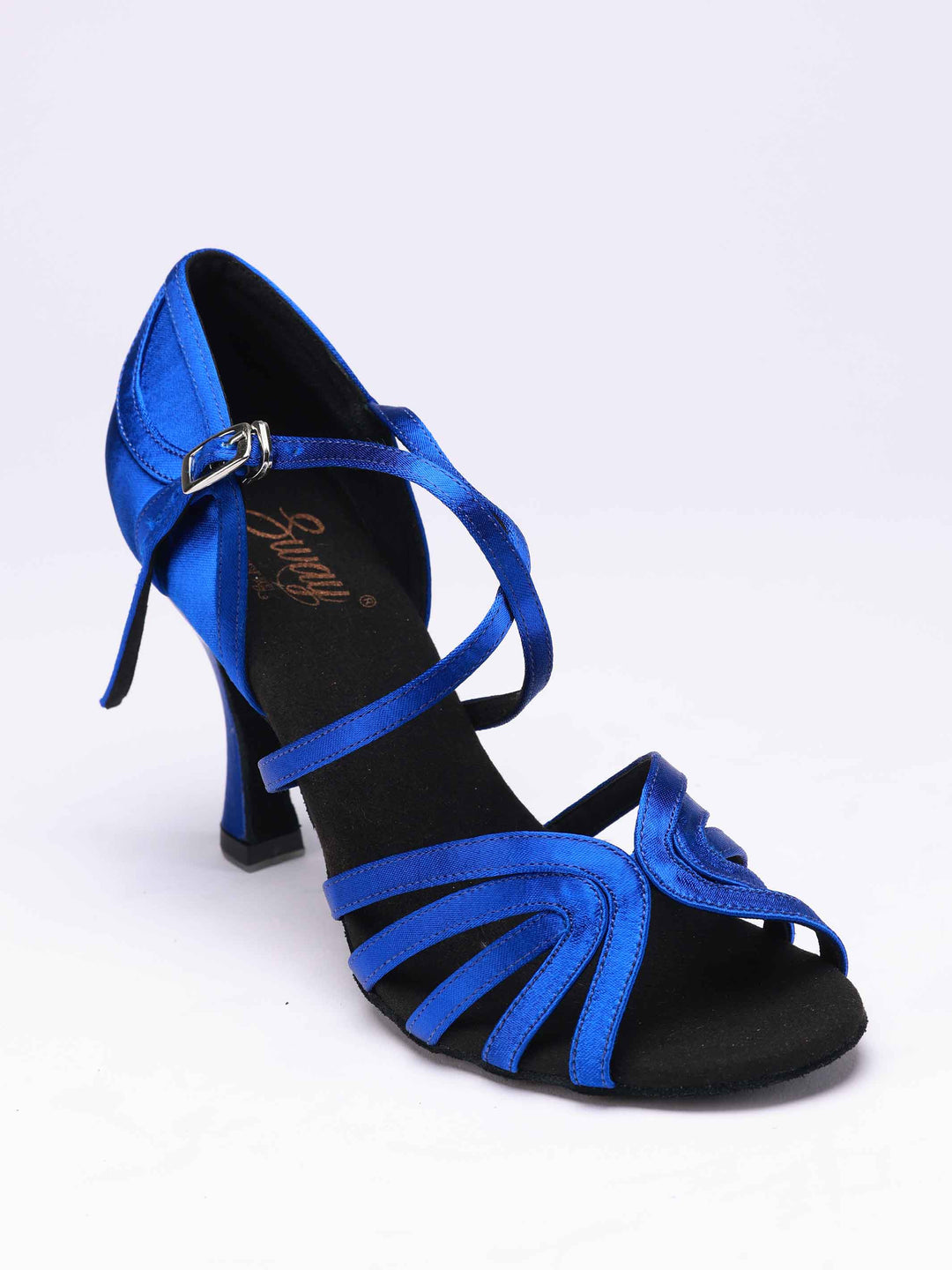Chaussures de danse latine pour femmes, modèle Rodayna, 5 brides sur le devant et une bride élégante à l'arrière, couleur bleu satiné - vue de haut
