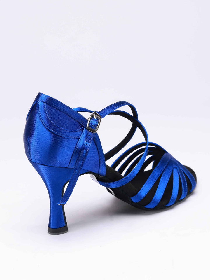 Chaussures de danse latine pour femmes, modèle Rodayna, 5 brides sur le devant et une bride élégante à l'arrière, couleur bleu satiné - vue arrière