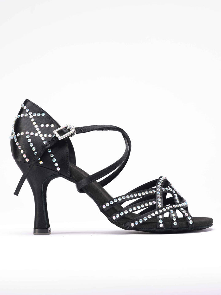 Chaussures de danse latine pour femme modèle Vanessa, avec des détails de strass sur la chaussure et la boucle, couleur noire - vue de côté