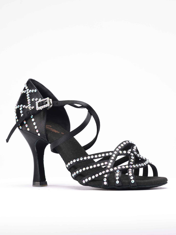 Chaussures de danse latine pour femme modèle Vanessa, avec des détails de strass sur la chaussure et la boucle, couleur noire