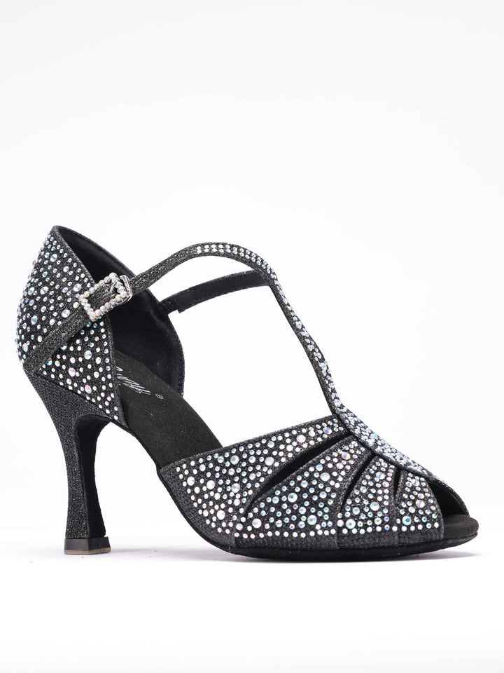 Chaussures de danse latine et salsa pour femme, modèle Estelle, design T-strap orné de strass scintillants, y compris sur la boucle, forme avant étroite avec ouvertures, talon rétro de 8,5 cm, couleur noire