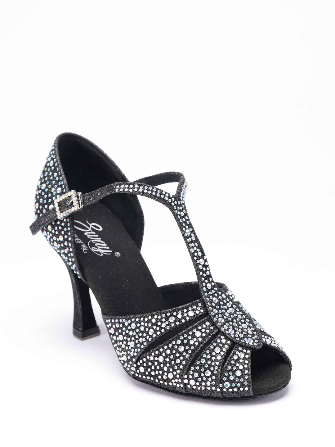 Chaussures de danse latine et salsa pour femme, modèle Estelle, design T-strap orné de strass scintillants, y compris sur la boucle, forme avant étroite avec ouvertures, talon rétro de 8,5 cm, couleur noire - vue de haut 