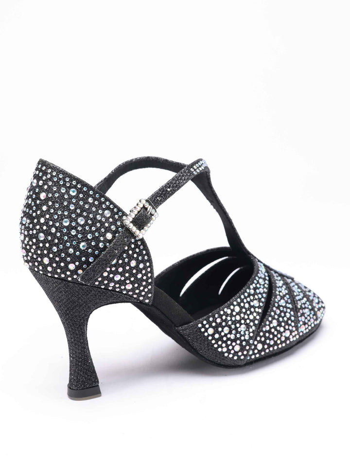 Chaussures de danse latine et salsa pour femme, modèle Estelle, design T-strap orné de strass scintillants, y compris sur la boucle, forme avant étroite avec ouvertures, talon rétro de 8,5 cm, couleur noire - vue arrière