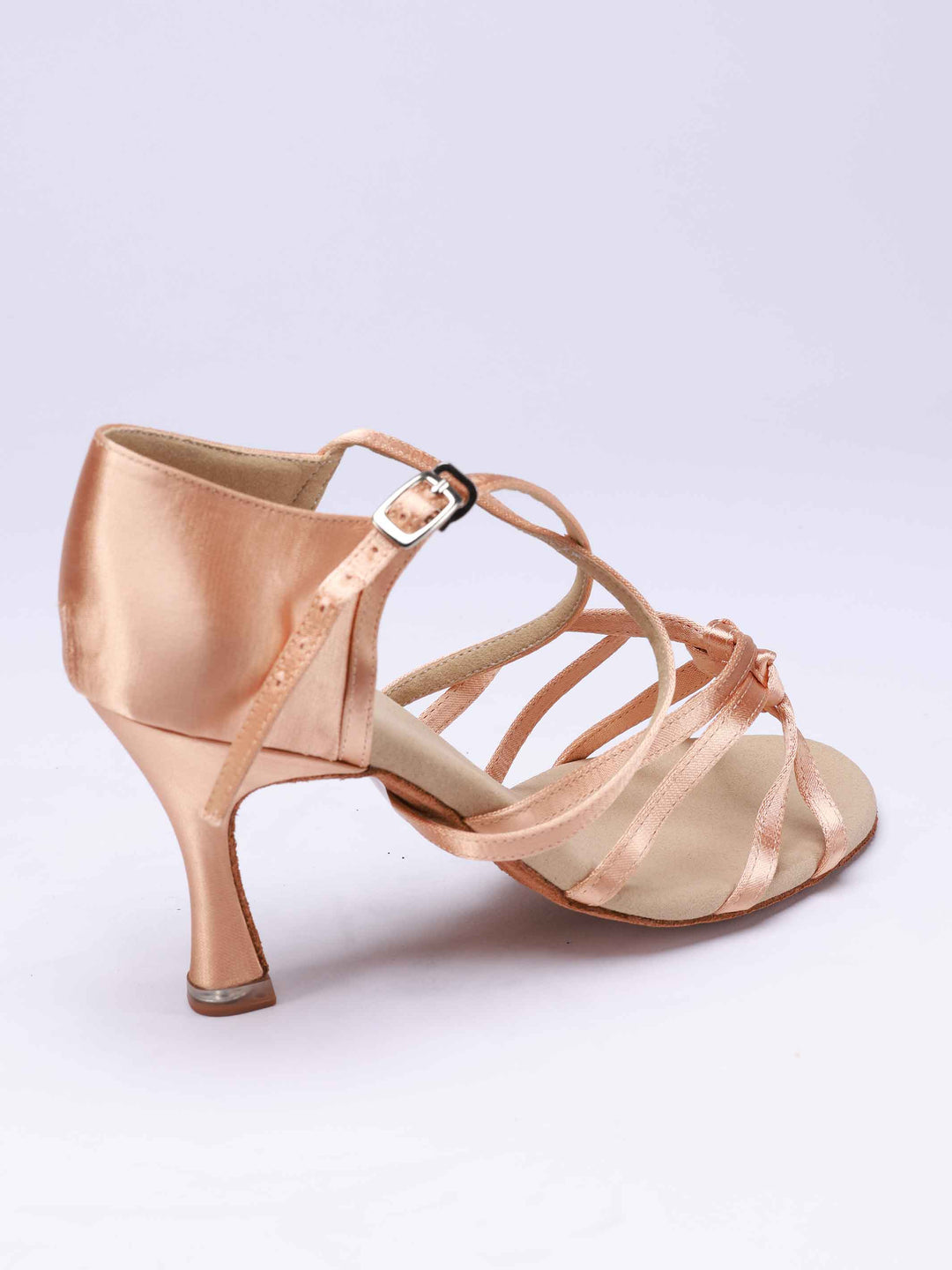 Chaussures de danse latine pour femme, modèle Gabriella, nœuds multiples à l'avant et 4 lanières latérales, talon rétro de 8,5 cm, couleur champagne - vue arrière