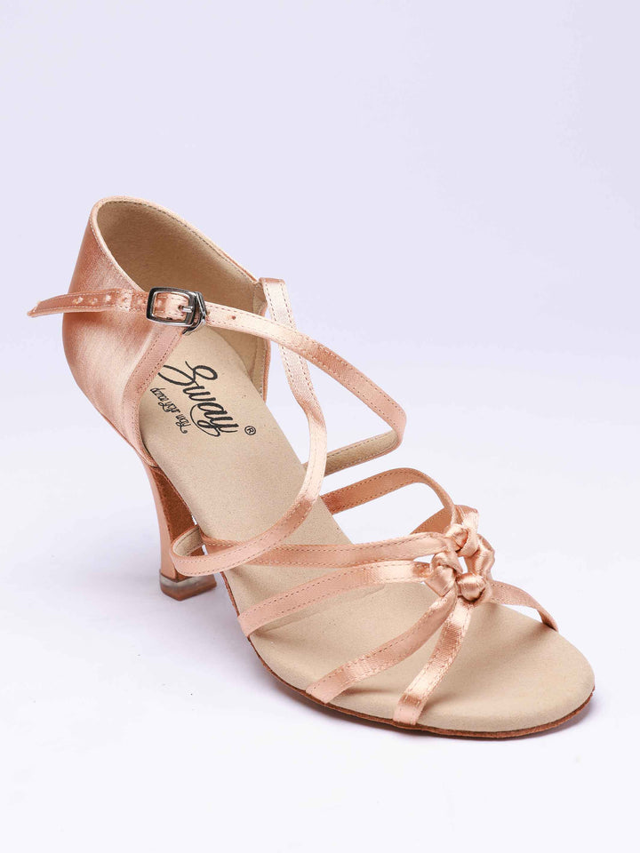 Chaussures de danse latine pour femme, modèle Gabriella, nœuds multiples à l'avant et 4 lanières latérales, talon rétro de 8,5 cm, couleur champagne - vue de haut