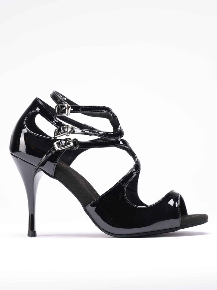 Chaussures de danse tango en cuir verni noir brillant, modèle Magali, avec triple bride à boucle - vue de côté