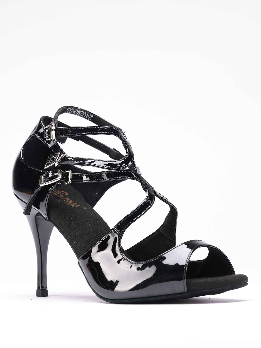 Chaussures de danse tango en cuir verni noir brillant, modèle Magali, avec triple bride à boucle