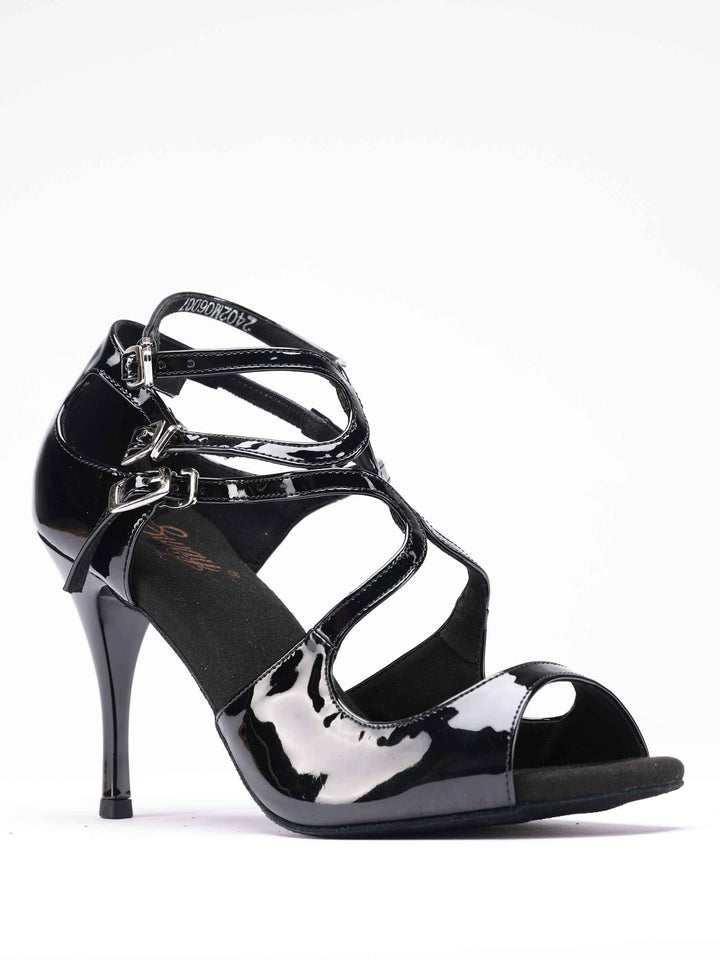 Chaussures de danse tango en cuir verni noir brillant, modèle Magali, avec triple bride à boucle