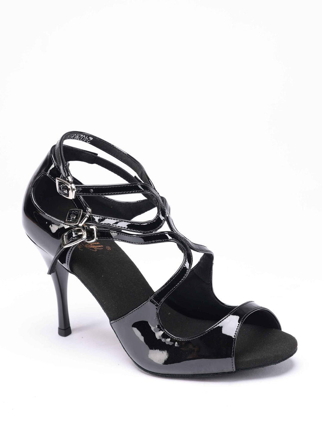 Chaussures de danse tango en cuir verni noir brillant, modèle Magali, avec triple bride à boucle - vue de haut