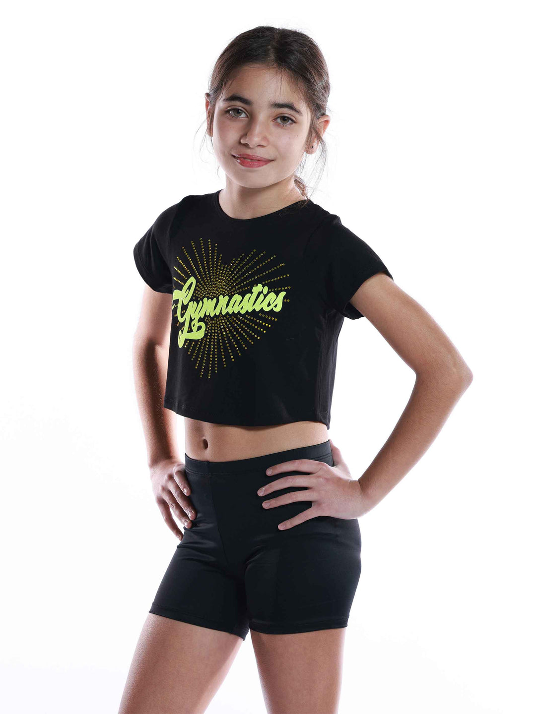 Crop top à manches courtes avec strass et paillettes en forme de cœur jaune pour filles, parfait pour les jeunes pratiquant la gymnastique ou la danse