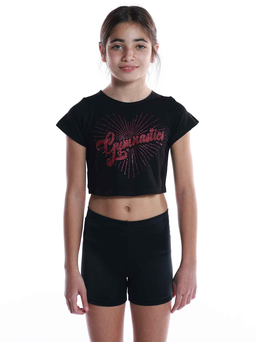 Crop top à manches courtes avec strass et paillettes en forme de cœur rose vif pour filles, parfait pour les jeunes pratiquant la gymnastique ou la danse