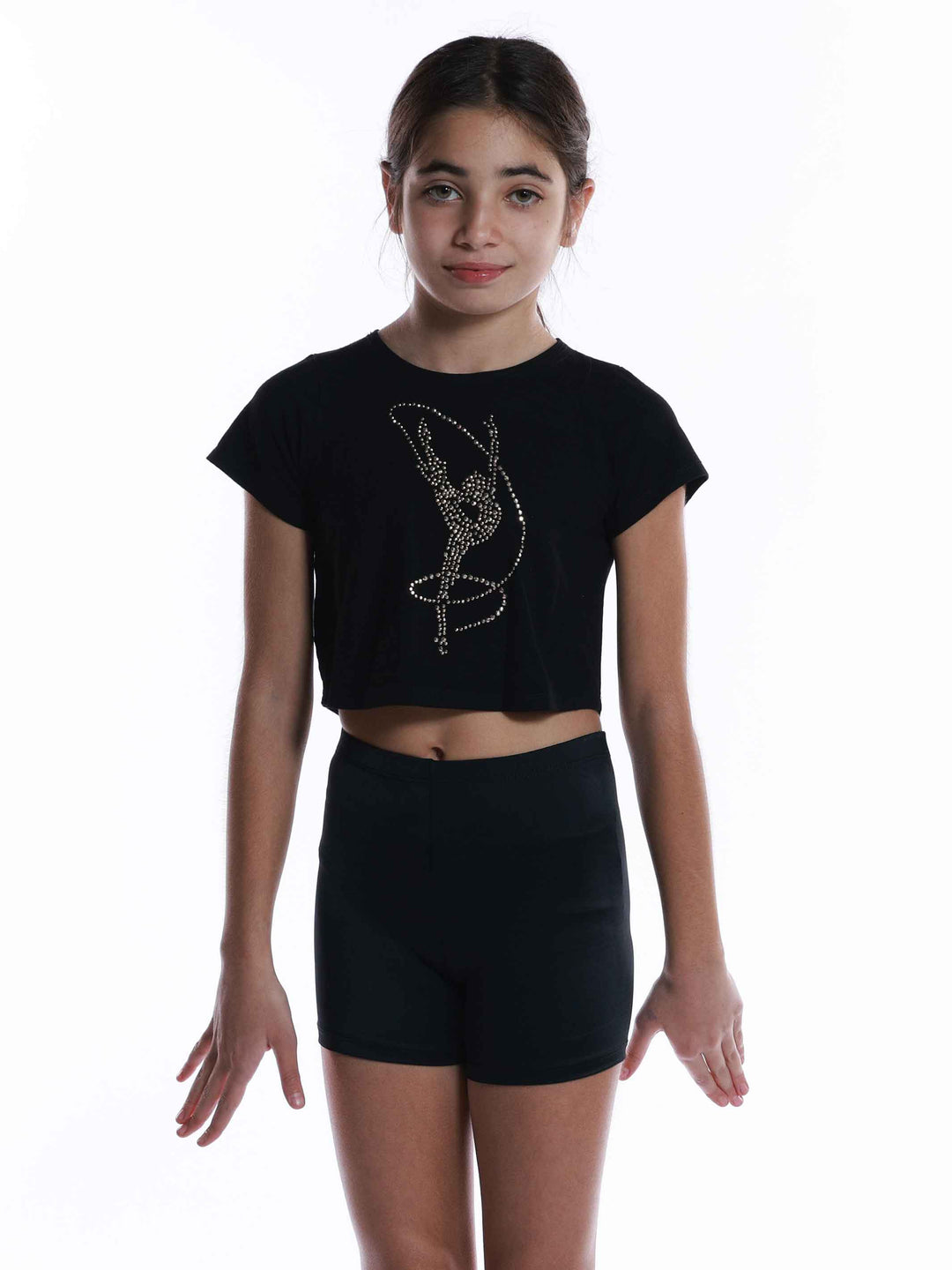 Crop top à manches courtes avec imprimé clous en métal en forme de gymnaste rythmique pour filles, parfait pour les jeunes pratiquant la gymnastique ou la danse