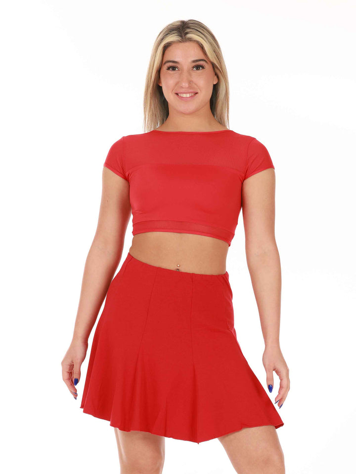 Crop top de danse en mesh à manches courtes pour femme, conception réversible pouvant se porter à l'avant ou à l'arrière, coupe ajustée et courte, couleur rouge, assorti avec une jupe rouge