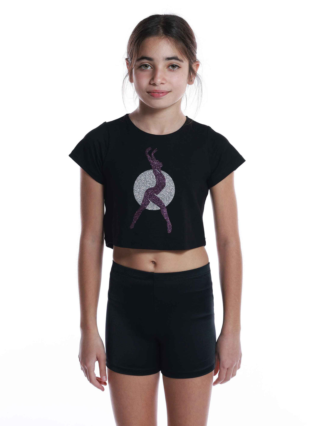 Crop top à manches courtes avec paillettes en forme de ballerine pour filles, parfait pour les jeunes pratiquant la gymnastique ou la danse, couleur noir