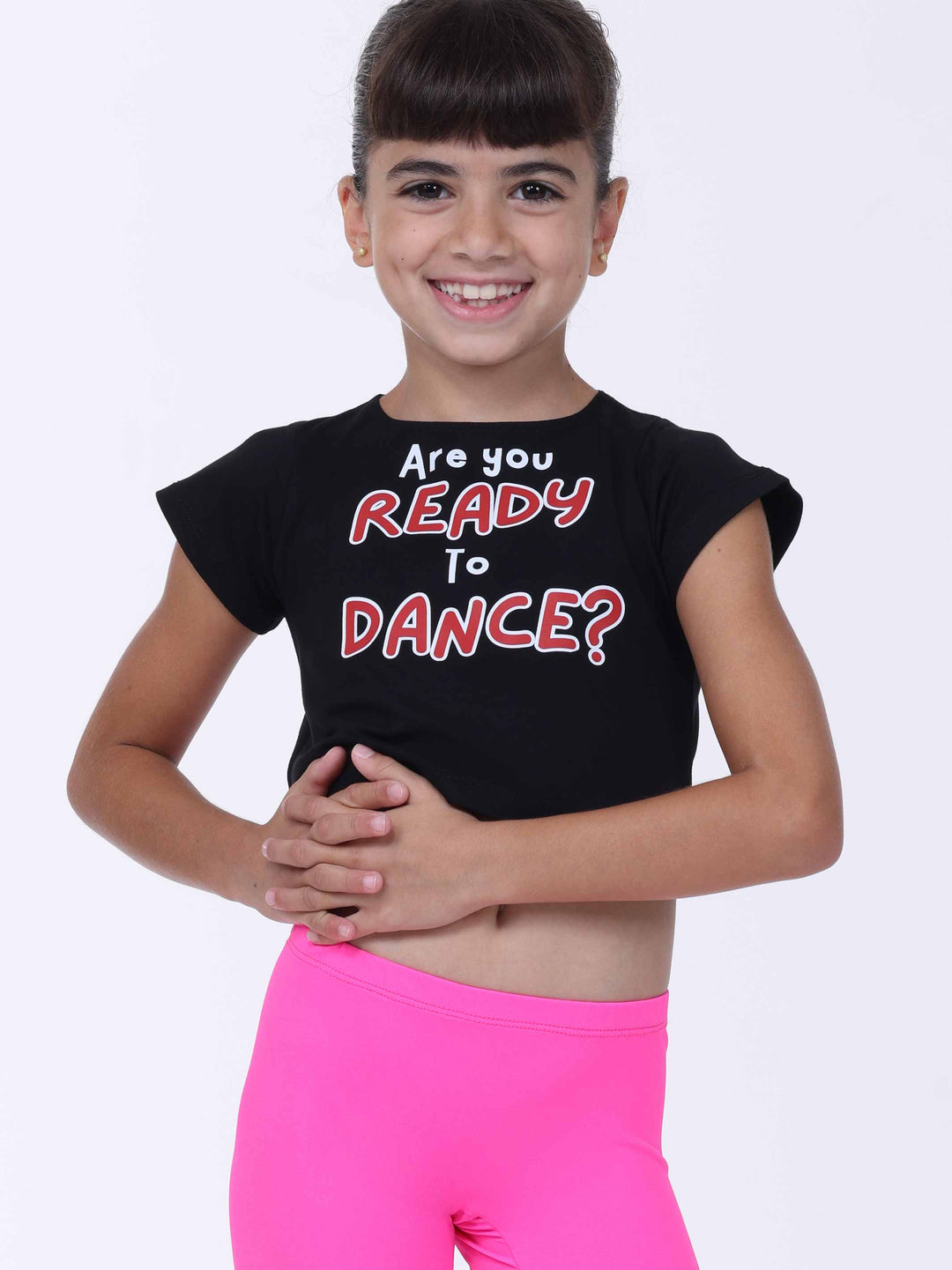 T-shirt court de danse fille noir – message “Are You Ready to Dance?” imprimé sur le buste.