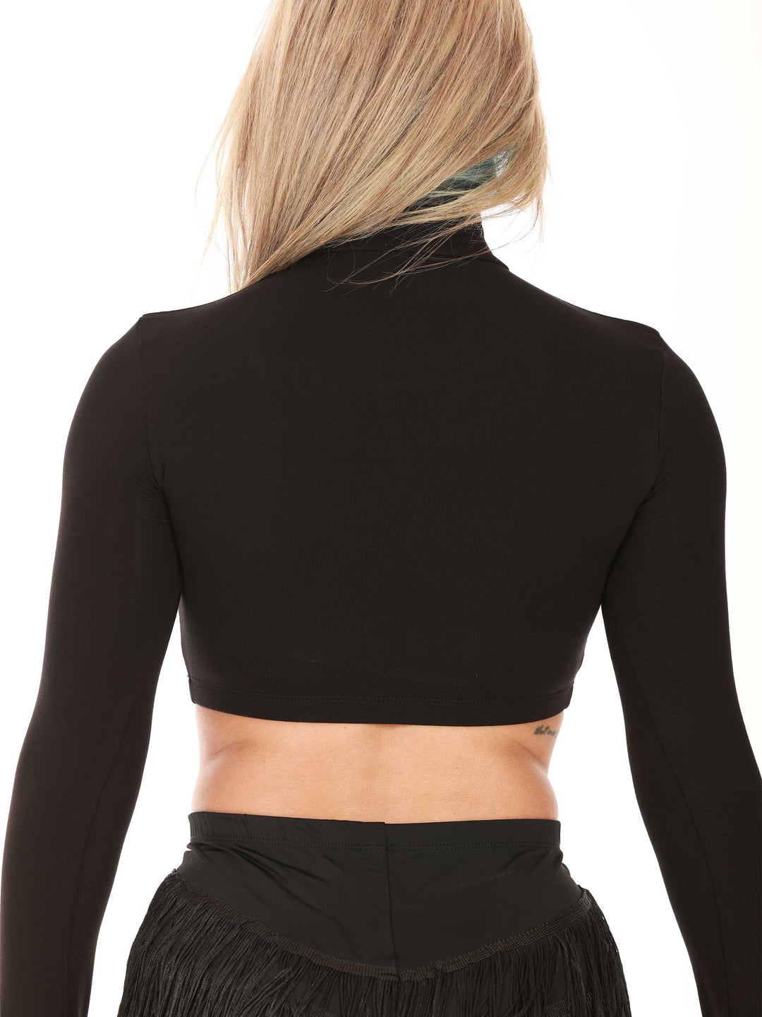 Vue arrière du crop top de danse noir à col montant – haut stretch idéal pour répétitions ou performances scéniques.