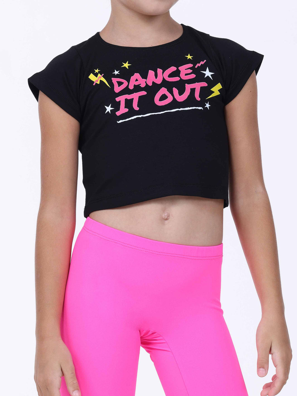 Crop top noir de danse pour fille avec imprimé coloré “Dance It Out” en rose et jaune.