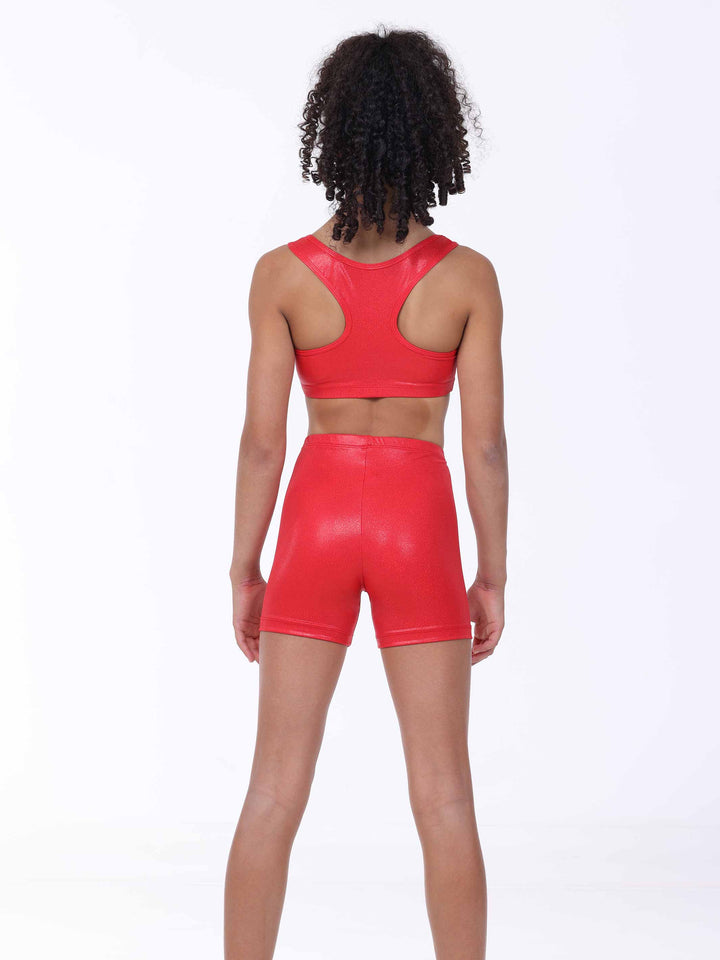 Vue arrière de l’ensemble de gymnastique pour fille rouge métallisé – brassière dos nageur et short assorti.