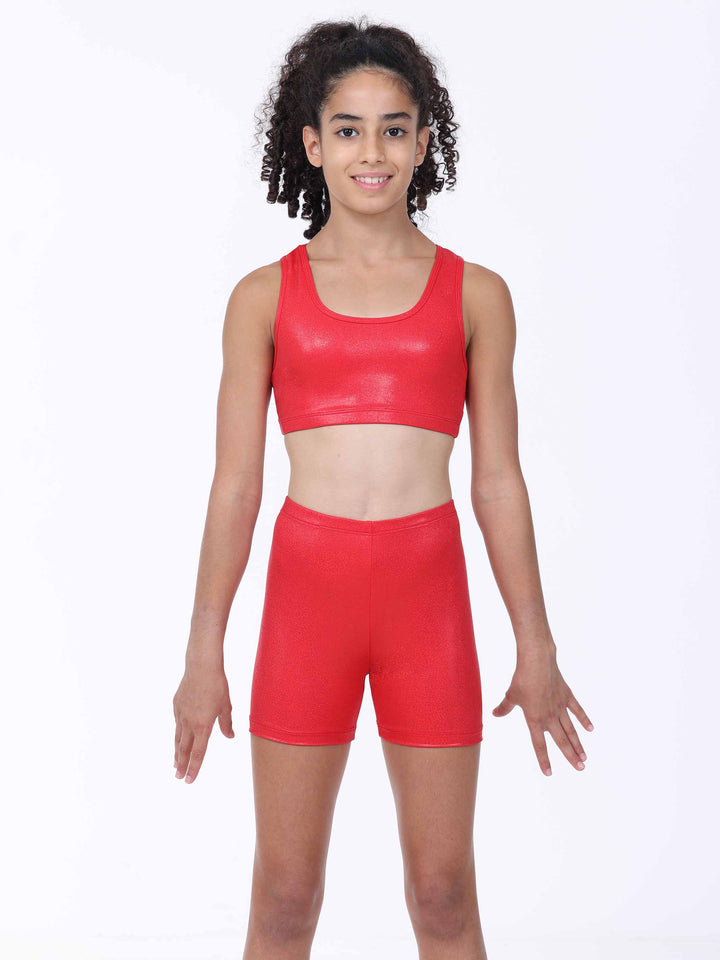 Ensemble sport fille rouge scintillant – idéal pour la danse, la gym ou les spectacles.