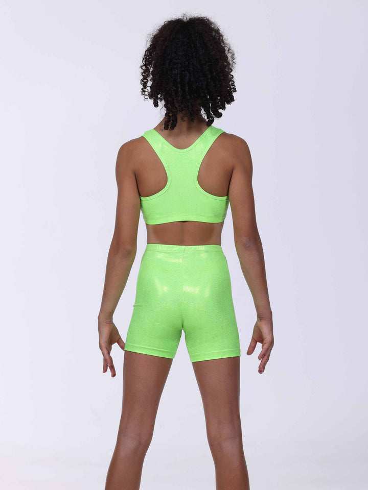 Vue arrière complète de l’ensemble vert citron – brassière et short scintillants pour fille.