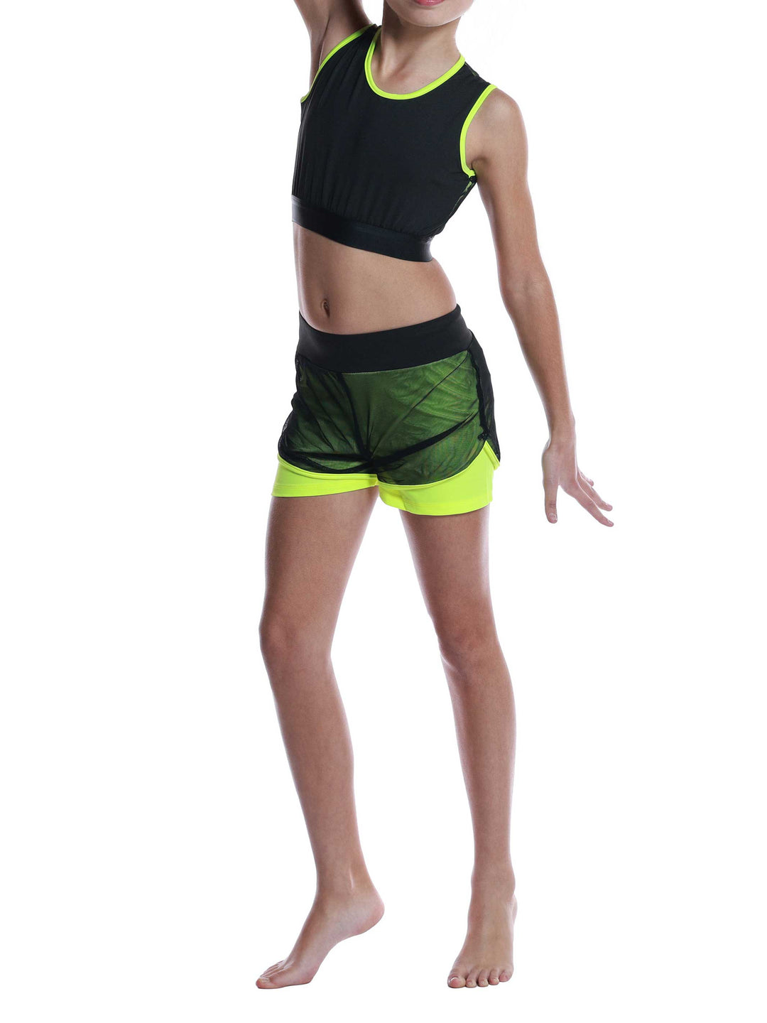 Ensemble Active Mesh noir et jaune pour filles - vue de face - tenue de sport et danse
