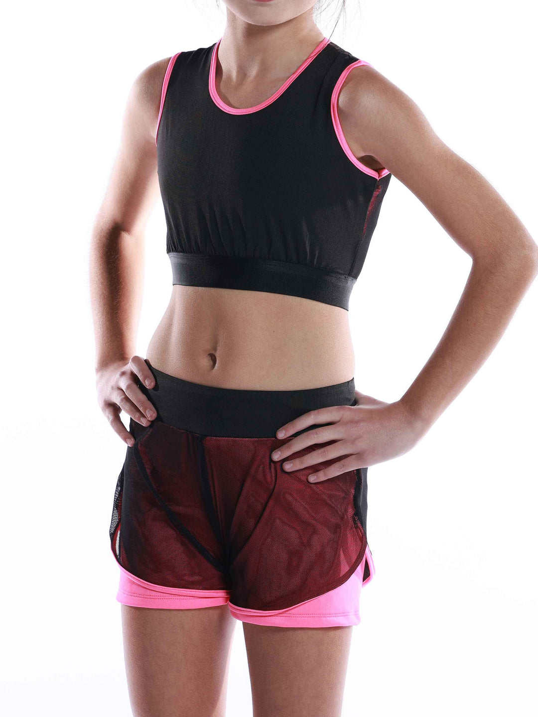 Ensemble Active Mesh noir et rose vif pour filles - vue de face - vêtement de danse