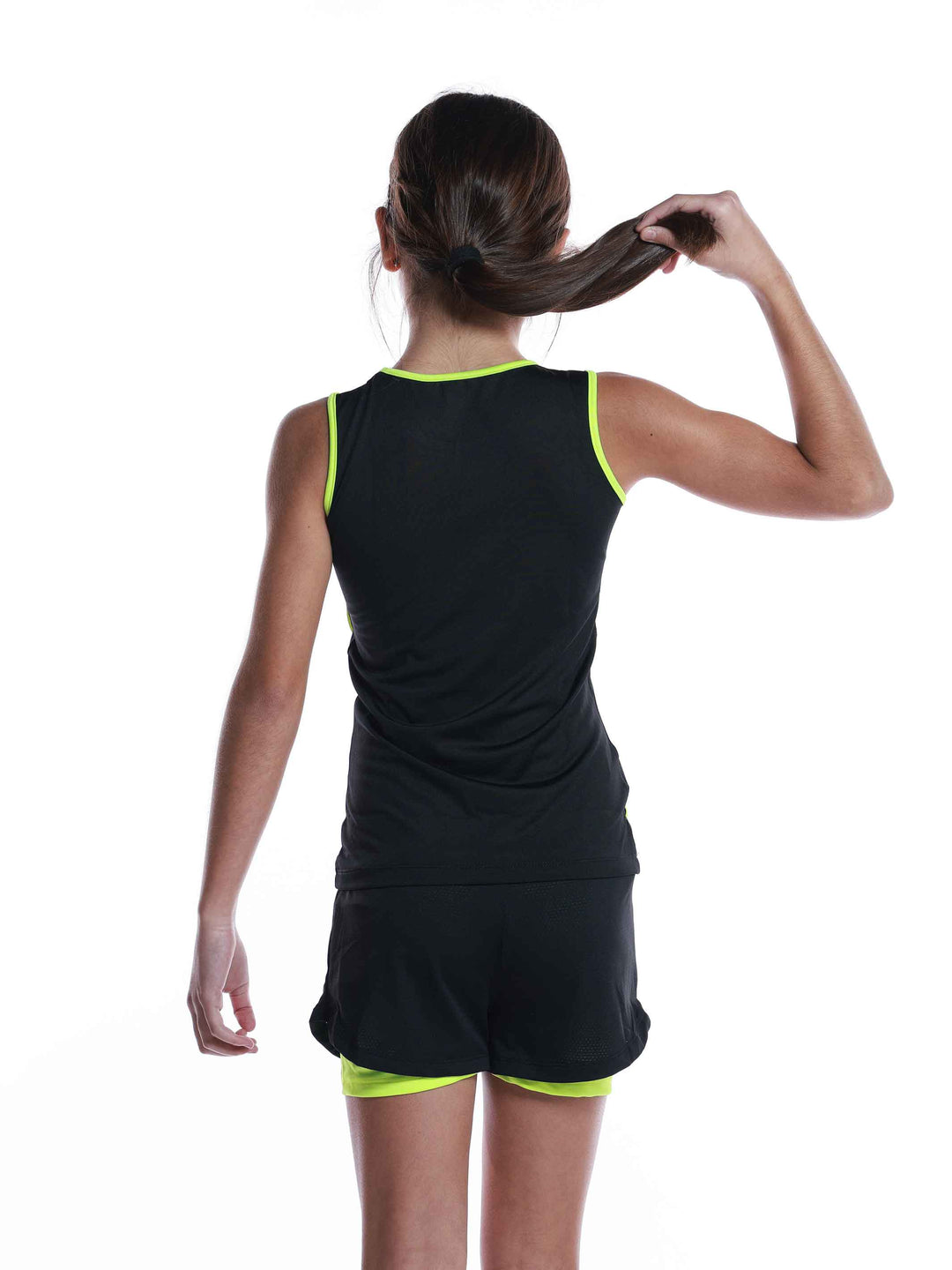 Ensemble de sport perforé noir et jaune pour filles - vue arrière du haut et du short
