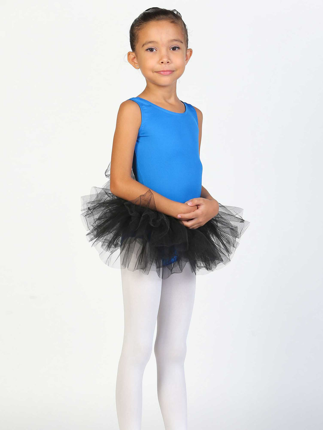 Tutu noir de danse classique pour enfant – jupe volumineuse en tulle avec justaucorps bleu.