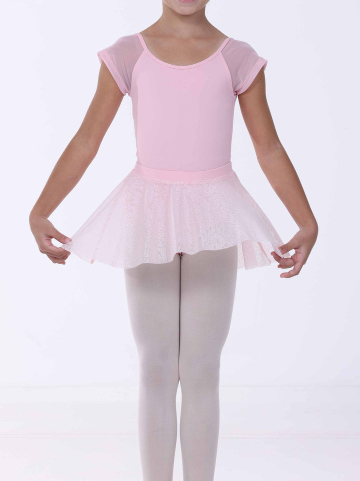 Jupe de danse rose clair à enfiler – dentelle florale délicate sur tulle transparent.