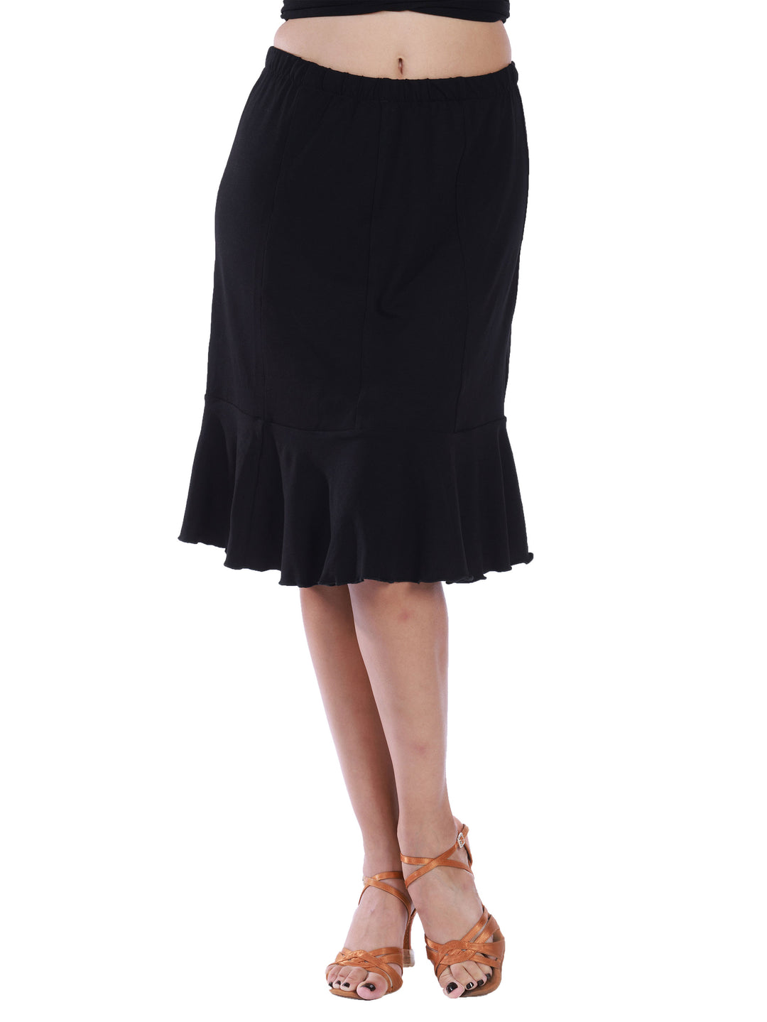 Jupe flouncy gore noire pour danse latine - vue de face avec ourlet évasé
