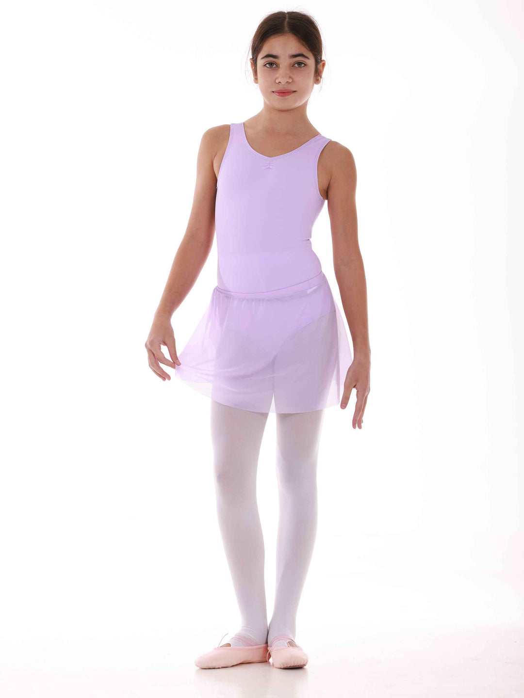 Jupe de ballet en tulle à enfiler pour fille, taille élastique, couches superposées, couleur lilas, assorti avec un justaucorps lilas